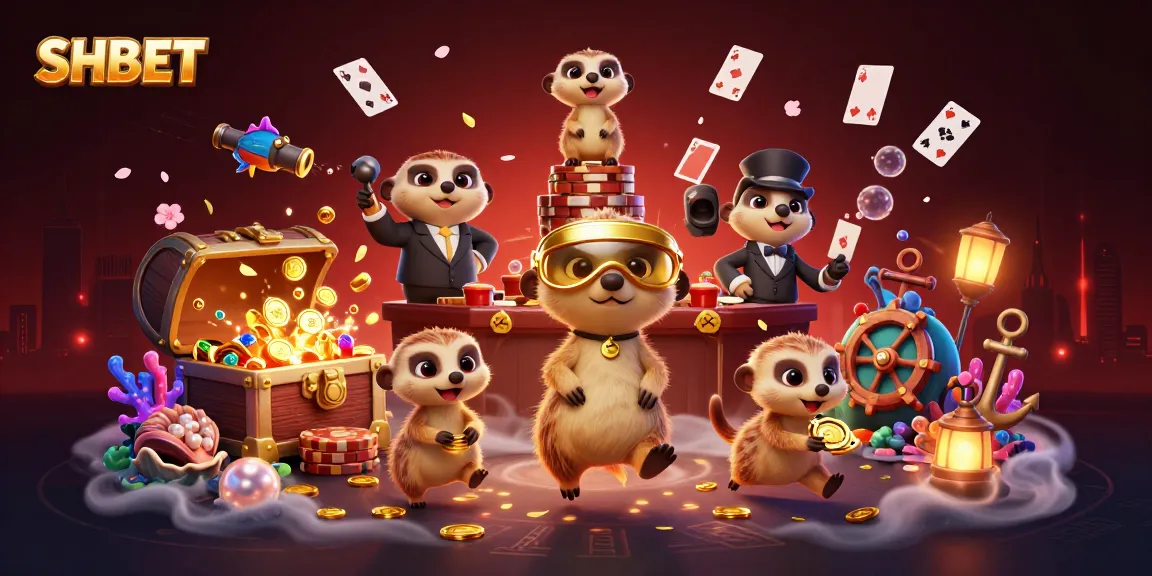 SHBET cartoon meerkats engaging in a vibrant casino scene, showing dynamic gaming elements