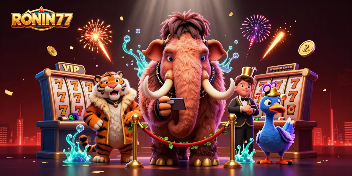 Engage with RONIN77's thrilling casino atmosphere featuring a woolly mammoth bouncer, slot reels, and vibrant decorations.