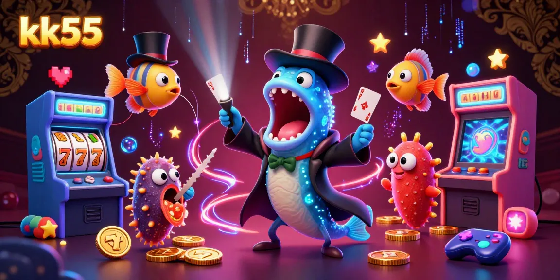 Win big with kk55 in this vibrant casino-themed 3D illustration showcasing magic and gaming.