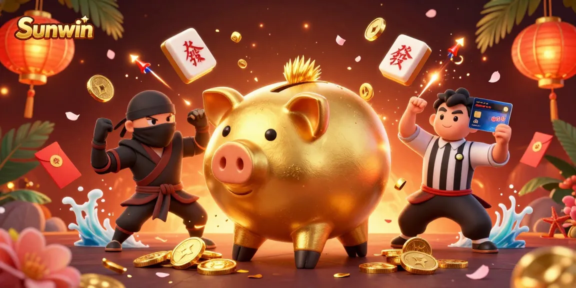 Engage with Sunwin’s vibrant casino scene featuring a golden piggy bank sumo wrestler, floating tiles, and festive elements.