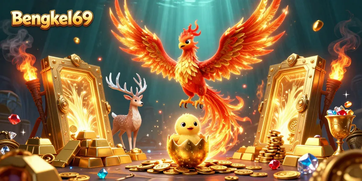 Experience the thrilling action of winning with Bengkel69 slots, vibrant display of 3D characters and casino elements.