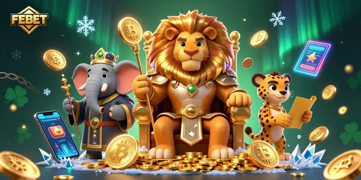 Experience FEBET's thrilling gaming world with a majestic lion king, a wise elephant, and a speedy cheetah amidst vibrant digital elements.