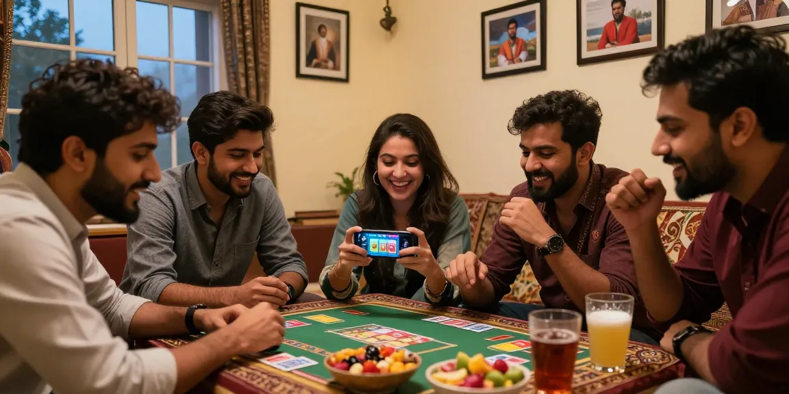 Exciting group of friends playing Teen Patti Gold game on smartphone in cozy living room