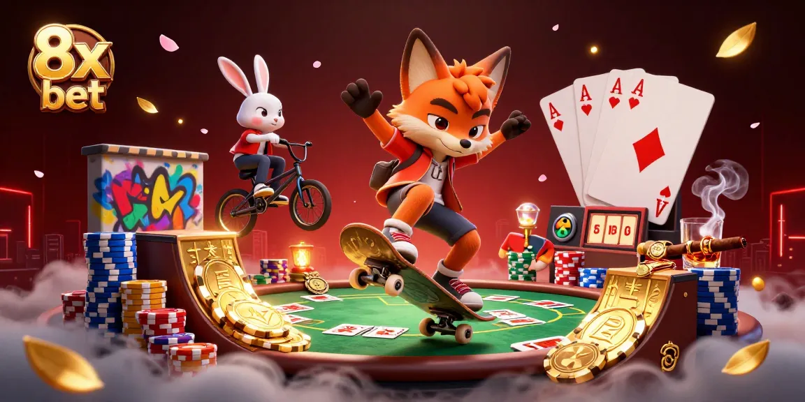 Experience thrilling 8x bet action with fox and rabbit in vibrant casino scene.