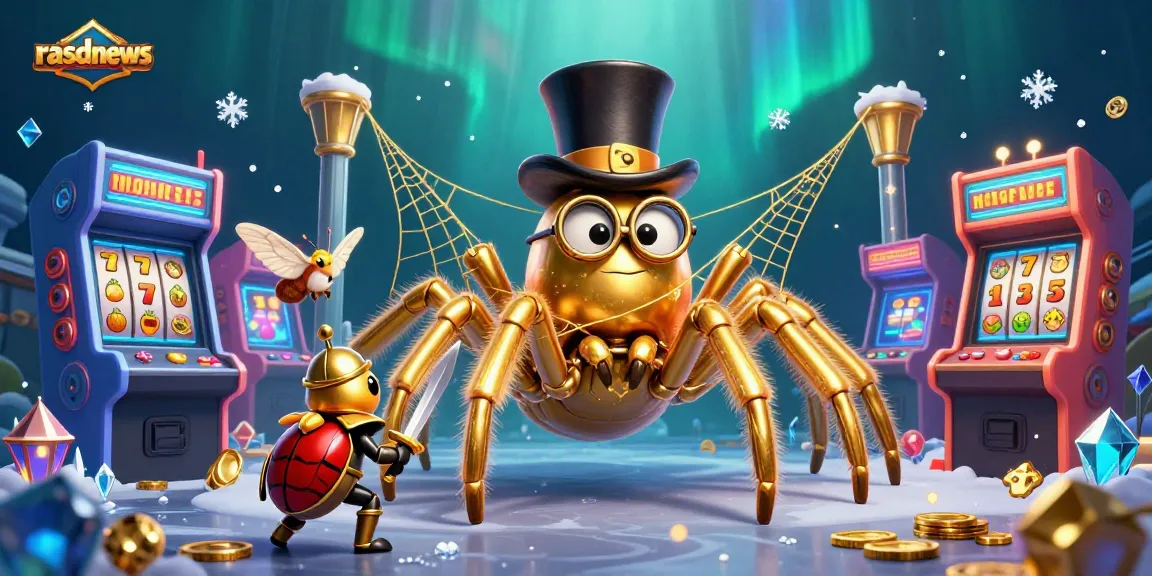 Rasdnews menampilkan ilustrasi 3D tarantula emas dan ksatria rempah dalam suasana kasino yang ramai.