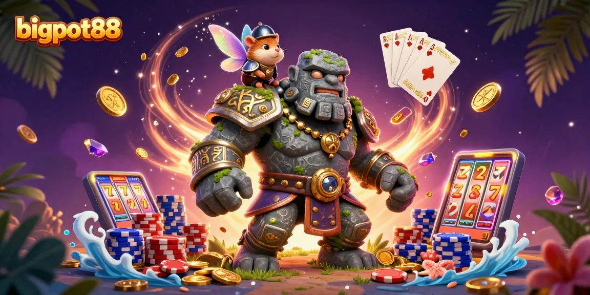 Experience the enchantment of bigpot88 with a magical casino scene featuring lively characters and dynamic game symbols.